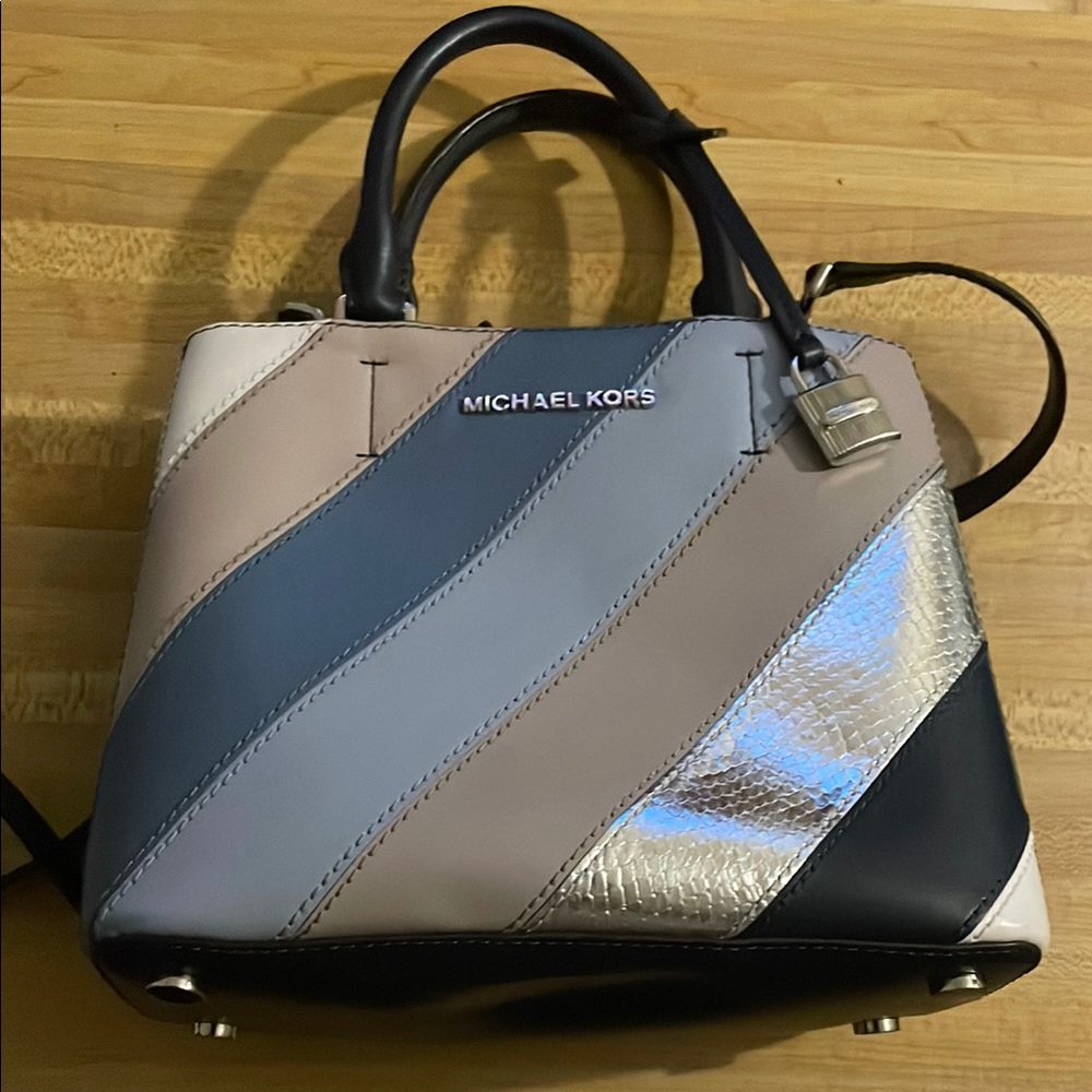 Michael Kors Black and Cream Satchel Bag with Geometric Design